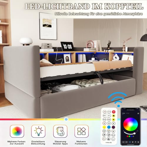 Sofá cama tapizado 90x190 gris oscuro con almacenaje hidráulico y luces LED 6