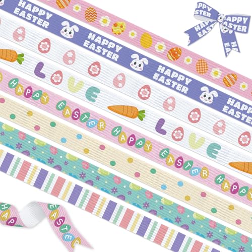 YKW Easter Ribbon 8 Pack (3/8 Inch x 3 Yards Each) - Easter Bunny & Egg Grosgrain Ribbons, for Gift Wrapping, Baskets & Crafts Decoration