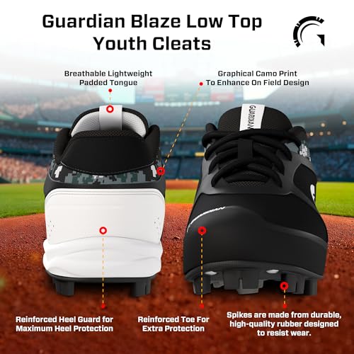 Guardian Baseball and Softball Low Top Cleats for Youth Boys and Girls - Black/Lowlighter Pink, 5
