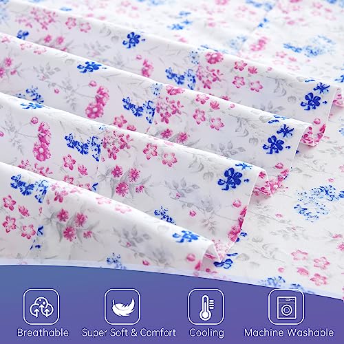 Kacemoo California King Sheet Set 4Pc Printed Garden Flowers Pattern Double Bed Luxury Cooling Soft 100% Microfiber Brushed Sheets With 17” Deep Pocket, Breathable, Wrinkle Free, Machine Washable #TOP4