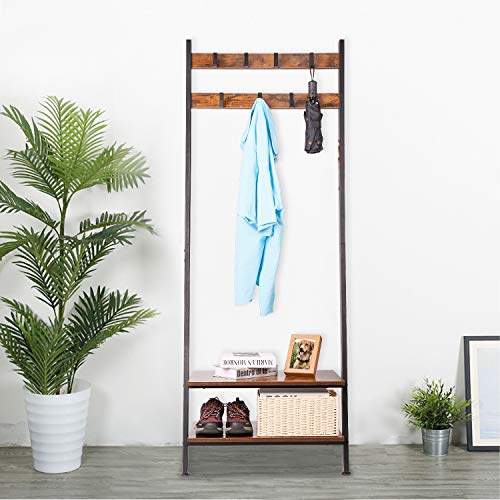 Wall-Leaning Ladder Shelves Coat Rack Hall Tree Entryway Shelf Shoe Rack Home Office Decor Wood Look Furniture with Metal Frame