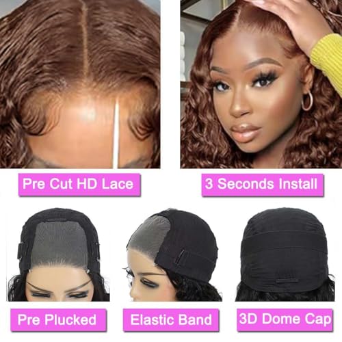 Image of Wear and Go Glueless Wigs Human Hair Pre Plucked Pre Cut Chocolate Brown Lace Front Wigs for Black Women 180 Density Water Wave Wig Human Hair Colored Curly Wig (Chocolate Brown Color, 18 Inch)