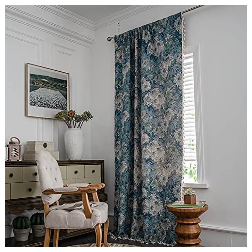 QYHSS Blå oljemålning stor blomma gardin, amerikanska landsgardiner, retro långt golv till tak gardin, handstickade gardiner, semi-mörkläggningsgardin, används i sovrum, kök, vardagsrum, matsal