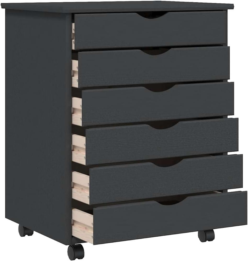 Rolling Cabinet Moss Grey Solid Pine Wood with Six Drawers, Matte Finish Storage Cabinet for Office and Home, Mobile Storage Locker with Wheels for Flexible Use