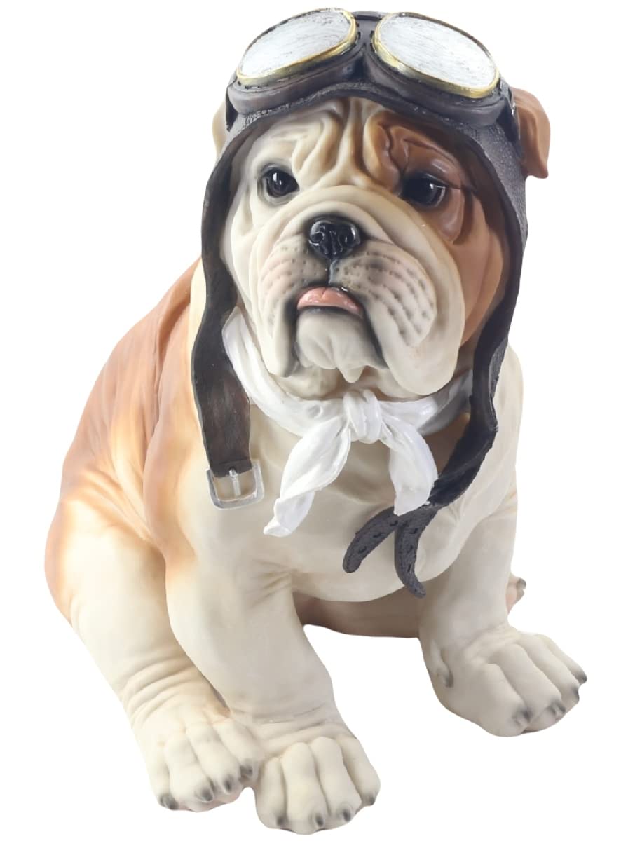 Middle-England Brown/White 41Cm British Bulldog Pilot With Hat And Goggles Sitting Ornament Polystone