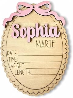 Personalized Baby Announcement Sign with Bow, Custom 3D Layered Scalloped Edge Name & Birth Stat Board for Newborn Photos (Stat Sign)