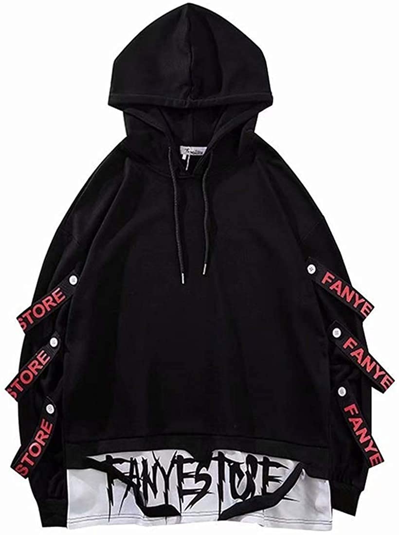 Oytto Men's Black Hip Hop Hoodie Hoodies Contrast Color City Pullover Japanese Harajuku Streetwear (,L)