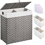 Greenstell Laundry Hamper with lid, No Install Needed, 110L Wicker Laundry Baskets Foldable 2 Removable Liner Bags, 2 Section Clothes Hamper Handwoven Rattan Laundry Basket with Handles, Gray