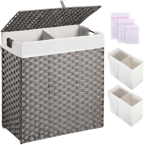 Greenstell Laundry Hamper with lid, No Install Needed, 110L Wicker Laundry Baskets Foldable 2 Removable Liner Bags, 2 Section Clothes Hamper Handwoven Rattan Laundry Basket with Handles, Gray