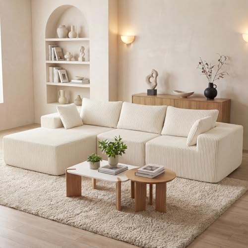 DUMOS 108” Modular Sectional Sofa, Cloud Sectional Couch with Deep Seat, Modern Modular L-Shape Sofa Couch with Chaise,Upholstered Boneless Couches for Living Room Bedroom, Beige, Left Facing Chaise