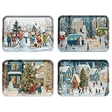 Jrusmr 4 Pack Christmas Serving Trays, 15 x 11 Inch Melamine Holiday Platters with Winter Village, Ice Skating, and Camping Designs, Reusable Festive Trays for Snacks, Cookies, and Entertaining