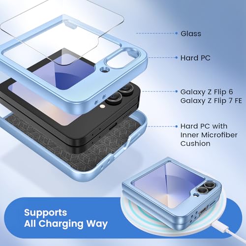 Image of Ruky for Z-Flip-6 Slim Case, with Built-in Back Screen Protector, Blue | Support Wireless Charging Hard PC Ultra-Thin Full Body Protective Phone Cover for Samsung Galaxy Z Flip 6, Blue