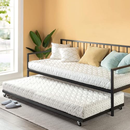 APRODZ Suniz Twin Size Metal Daybed with Trundle Bed, (Mattress Included-Metal - Black Powdercoated)