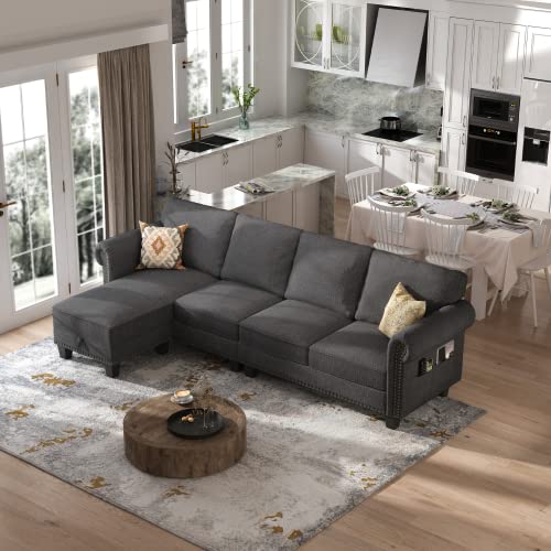 Nolany Convertible Sectional Sofa L-Shape Sectional Couch With Reversible Chaise 4 Seat Sectional Sofa Couch For Small Space Dark Grey #TOP2