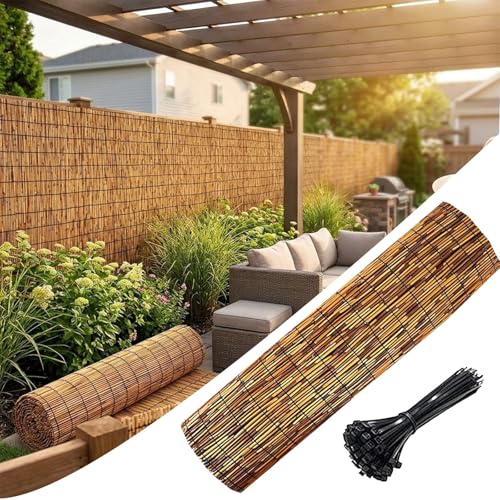 Valla de Caña Natural para Jardín 120x500cm Malla de Ocultación Balcón Resistente a la Intemperie Cerramiento Terraza Exterior Fácil de Instalar(Marrón,1.2m x 5.0m)
