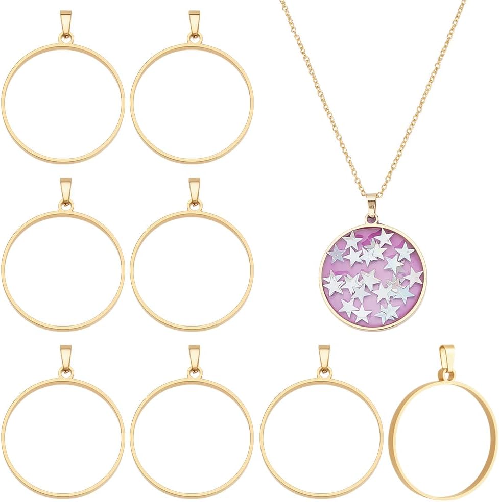UNICRAFTALE 10Pcs Stainless Steel Frame Pendants Round Open Bezel Charms with Snap on Bails Hollow Bezel Pendant Blanks for Jewelry Making Accessories DIY Necklace Resin Craft