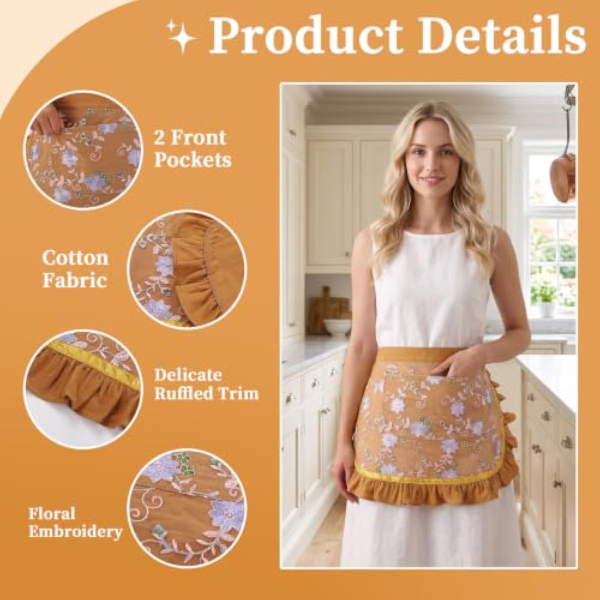Waist Apron with Pockets Lovely Lace Embroidered