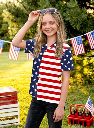 Image of BesserBay Unisex Kids 4th of July Shirt Girls Boys Patriotic Button Down Shirt American Flag Top 4-14 Years