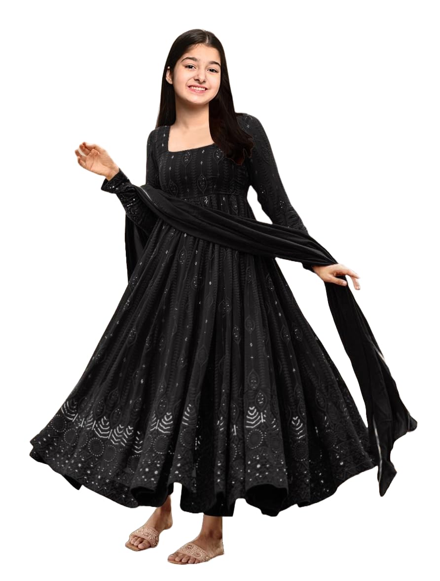 KEDARFAB Kids's Stylish Sequins Embroidery Georgette Anarkali Gown for Girls, Kurta with Dupatta Set