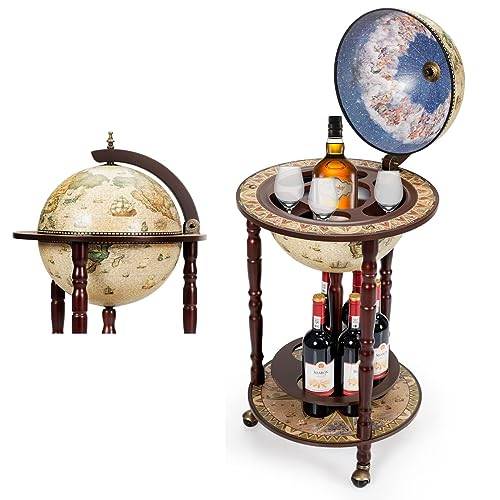 RELAX4LIFE Minibar de Madera Maciza con 3 Ruedas, Botellero de Globo Terráqueo de 2 Niveles para Botellas y Copas, Carrito de Bar para Casa, Restaurante, Fiesta (44,3x44,3x88CM, Beige)