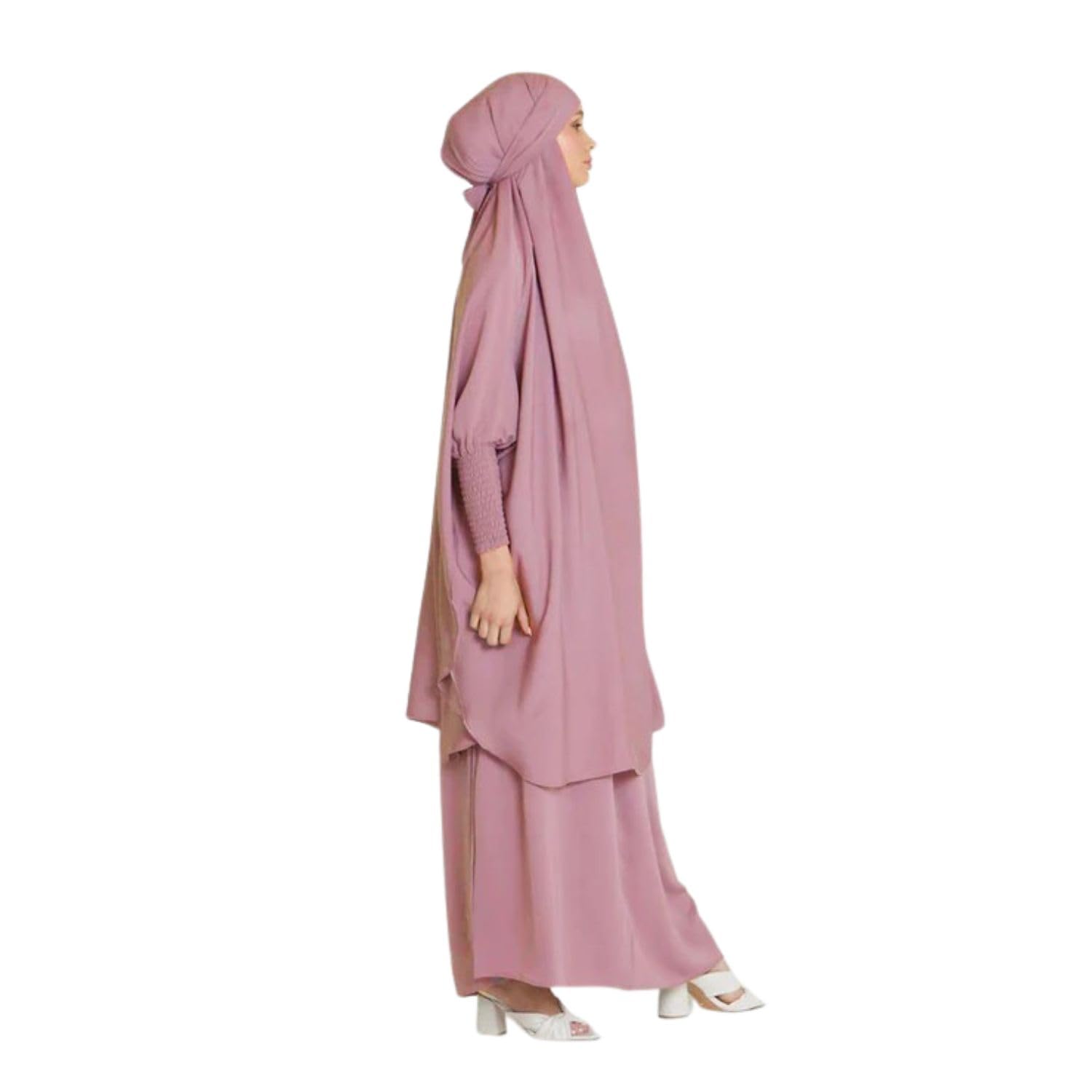 2-Piece Knee-Length Jilbab Set Khimar Style Abaya and Skirt with Chunnat Slevees/Dolman Sleeves Brown Color| Tie Back Burkha Jilbab Khimar Style Abaya-image-1