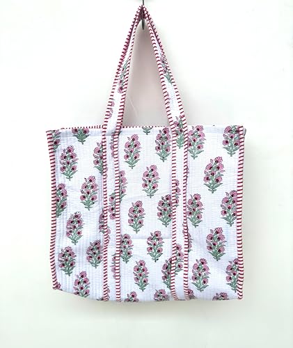 Image of Quilted Cotton Handprinted Reversible Large multicolor Floral Tote Bag,Hand Block Print Shopping Shoulder Carry Bag