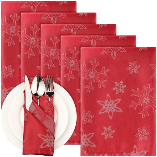 Tegeme Set of 6 Christmas Cloth Napkins 18"x18" Reusable Non-Iron Snowflakes Metallic Jacquard Woven Fabric Napkin for Holiday Winter Xmas Weddings Table Decor (Red)