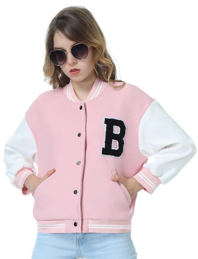 Mebius Girls Varsity Jacket Kids Tweed Letterman Baseball Outerwear Stripe Trim Contrast Sleeve School Coats4