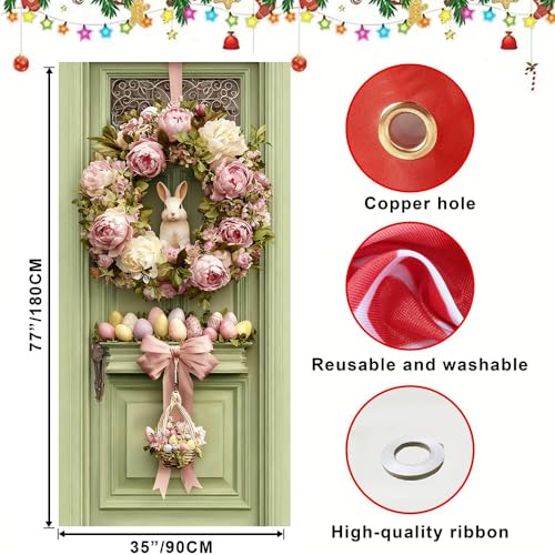 Image of Easter Door Cover 35.43 x 70.87 Inch Elegant Pink Floral Door Scene with Peony Wreath Bunny Accent Decorative Egg Arrangement and Soft Pastel Details for Seasonal Spring Door Decoration