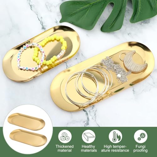 Image of Golden Stainless Steel Decorative Trays and Oval Jewelry Dishes (2 Pcs) | Elegant cosmetic vanity organizers, perfume and key storage holder trays for bathroom dresser counter.