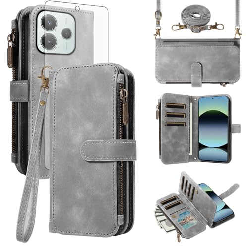 Coque Xiaomi Redmi Note 14 5G Asuwish étui portefeuille en cuir gris avec cordon et verre trempé