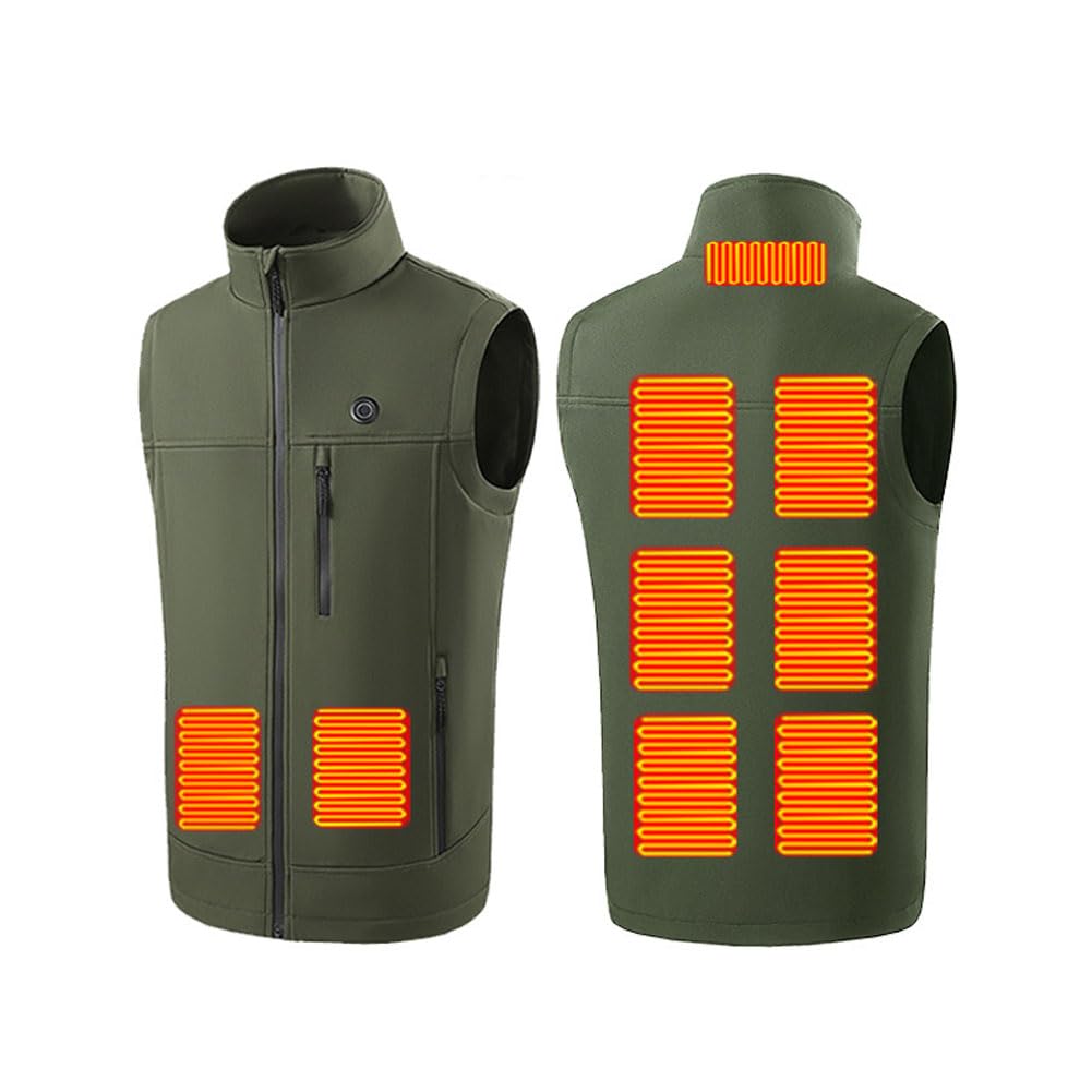 Chaleco Térmico para Hombre y Mujer, Chaleco Eléctrico Calefactable con 3 Ajustes Temperatura Calentamiento Rápido 10s 5V Seguro Lavable Impermeable al Viento Army Green XL