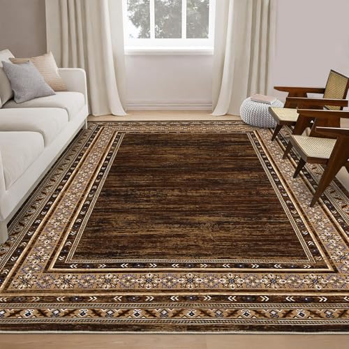 GlowSol Modern Washable Rug 8x10 Rug Bordered Solid Brown Rugs for Living Room Non-Shedding Stain Resistant Large Rug Washable Neutral Rug Non-Slip Bedroom Throw Carpet for Apartment Farmhouse