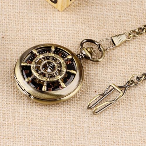Image of Men's Mechanical Hollow Rudder Design Hand Wind Pocket Watch Roman Numerals Steampunk with Chain Box