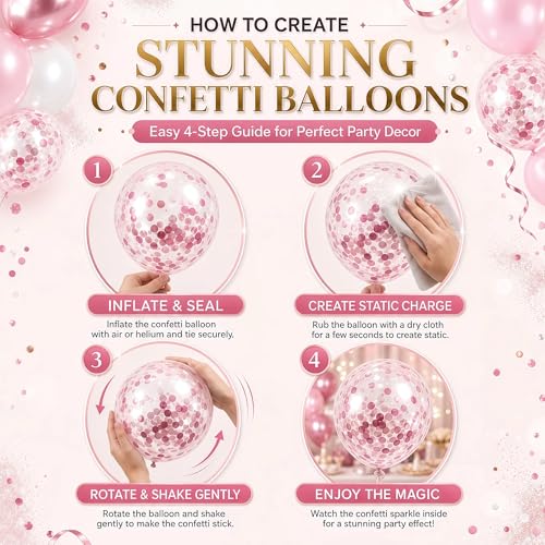 Image of Balloon Column Stand Kit with 10inch Metallic Pink Confetti Balloons, Base&Pole,Balloon Column Kit for Floor&Table Decoration for Party Wedding Bridal Baby Shower Birthday