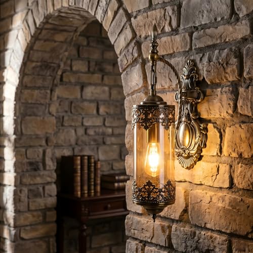 Image of Rustic Wall Sconce with Amber Glass Gothic | Vintage Antique Wall Light Fixture E26 Mid Centry Lantern Bedside Sconces Wall for Living Room Bathroom Mirror