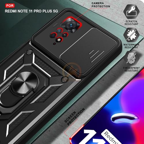 Image of Armor Bumper Back Cover Case for Redmi Note 11 Pro / 11 Pro Plus Rotating Camera Cover, Ring Holder & Kickstand | Heavy Duty & 360 Degree Protection Back Cover (Black)