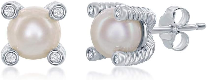 6mm Fresh Water Pearl Round Pronged Rope Design with Simulated CZ Diamond Sterling Silver Stud Earrings Jewelry for Women