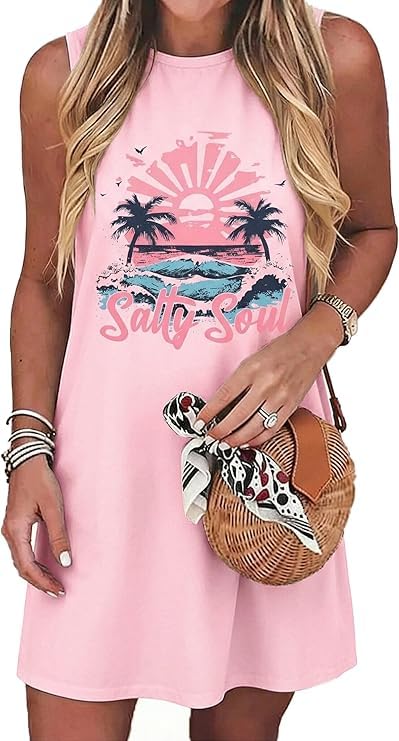 Image of Sun Salt Sand Coconut Tree Tank Mini Dress for Women Casual Loose Sleeveless Beach Praty Shirts Summer Vacation Short Dress