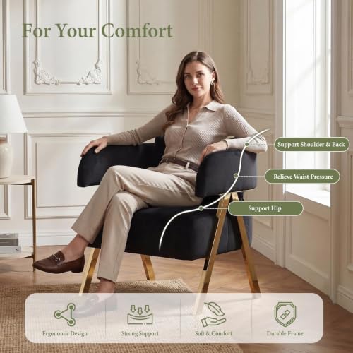 Image of Modern Velvet Dining Chairs Set of 4 with Arms and Gold Metal Legs, Black