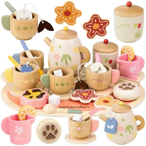 Image of Wooden Tea Set for Little Girls Birthday Gift 3 4 5 Year Old Tea Party