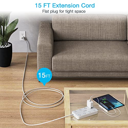 Flat Plug 15 Ft Extension Cord, Tessan Surge Protector Power Strip With 8 Ac And 3 Usb Ports, 1875W, 15A, 1080J, Wall Mount Widely Spaced Charging Station For Home, Office, Indoor, School, Dorm Room #TOP2