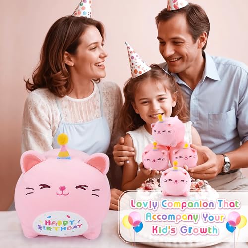 Image of Pink Birthday Cat Plush, 5 PCS Cat Plush Stuffed Animal Family, 16 inch Pink Cat Mommy White Cat with 4 Baby Kittens Cat Plushies,Kawaii Cat Plush Toy Christmas Birthday Gifts for Kids Boys Girls