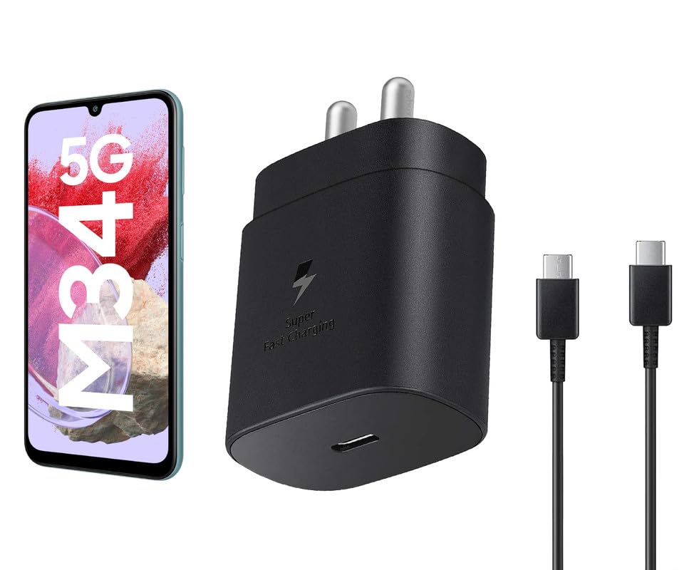 Image of Samsung 25W Type C Charger for Galaxy M34 5G | USB C to C Port Super Fast Charging Adapter for Galaxy Tab S9 Ultra /S9 Fe /S9 plus /S9 /A9 /A9 Plus /S8, 25 w Quick Mobile Phone Adaptor USB-C Device, Black