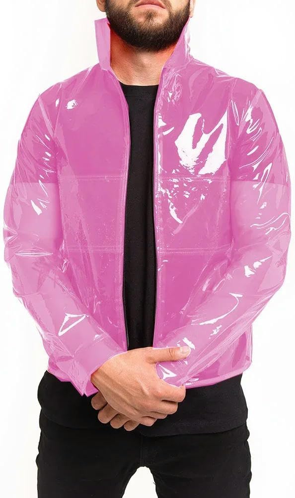 Men's PVC Punk Long Sleeve Zipper Turn Down Collar Clear Coat Jacket For Club Show Outdoor Use