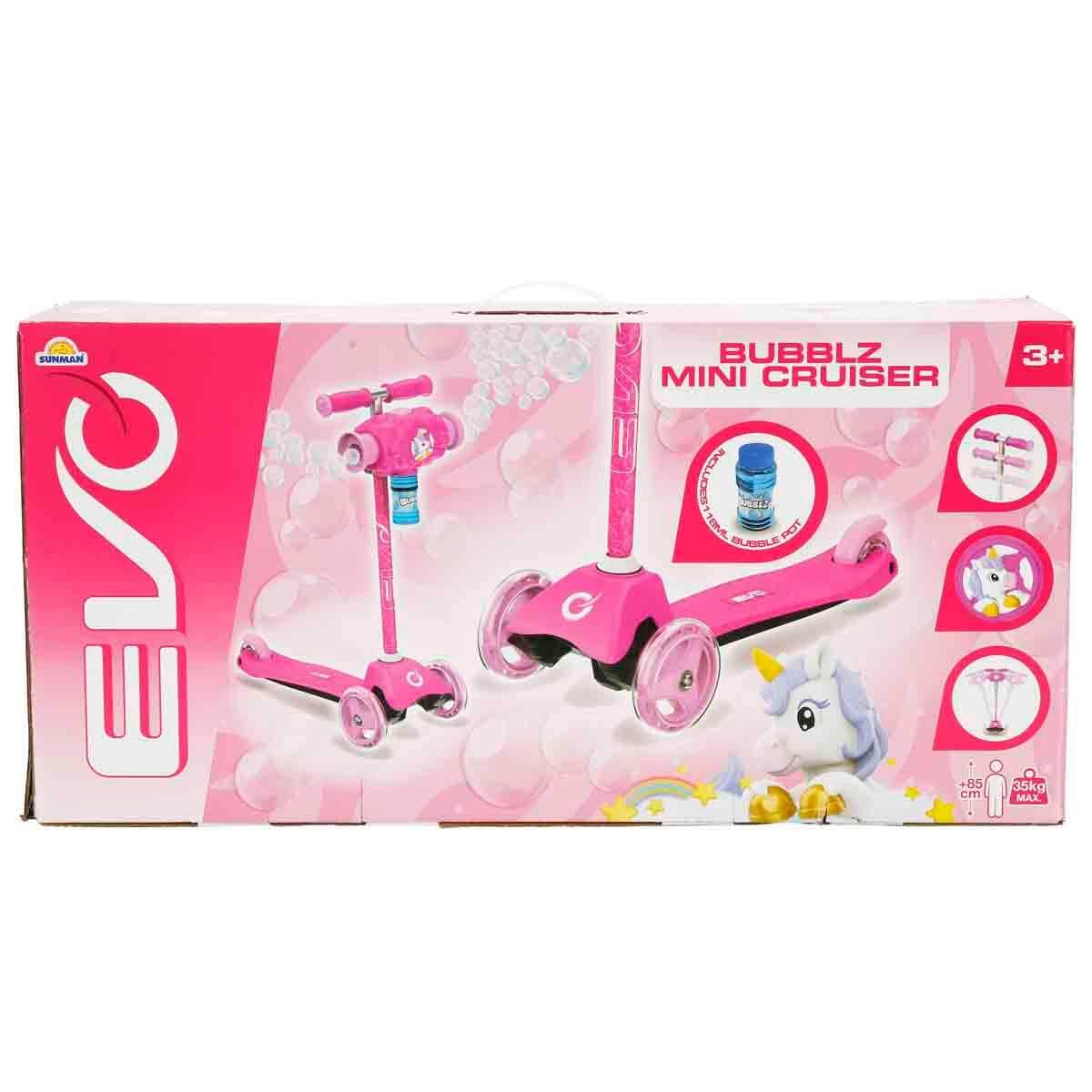 EVO Patinete ajustable con tres ruedas para niños, Bubblz Mini Cruiser rosa con pompas de jabón