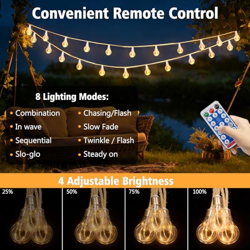 ZAIYW 10M Solar Hemp Rope String Lights Outdoor with Remote Timer, Solar String Lights with 20 S17 Shatterproof Bulbs, Waterproof Festoon Lights for Patio Party Garden Yard Decor (Warm White) - Image 3