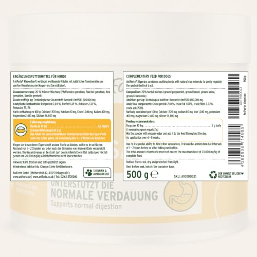 AniForte MagenSanft Pulver für Hunde 500g – Magenschutz bei Sodbrennen & Durchfall, unterstützt Verdauung, Magen-Darm-Aktivität & Darmflora, mit Bentonit & Kräutern, natürlich