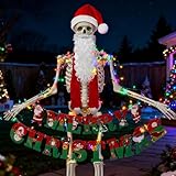 SprintGy 12 Foot Skeleton Christmas Outfit, 12ft Skeleton Christmas Accessories Costume Including Giant Santa Hat,Scarf, Santa Beard,16.4ft Lights,Banner, Garden Lawn Indoor Outdoor Decor(5pcs)