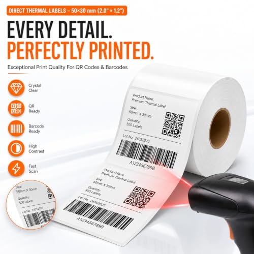 Image of Shreyans Direct Thermal Labels (Pack of 18, 50mm x 50mm 250 Labels /Roll) - Non Tearable, Scratch Free, Water Proof & Non Fade Stickers with Permanent Marking - 4500 Labels